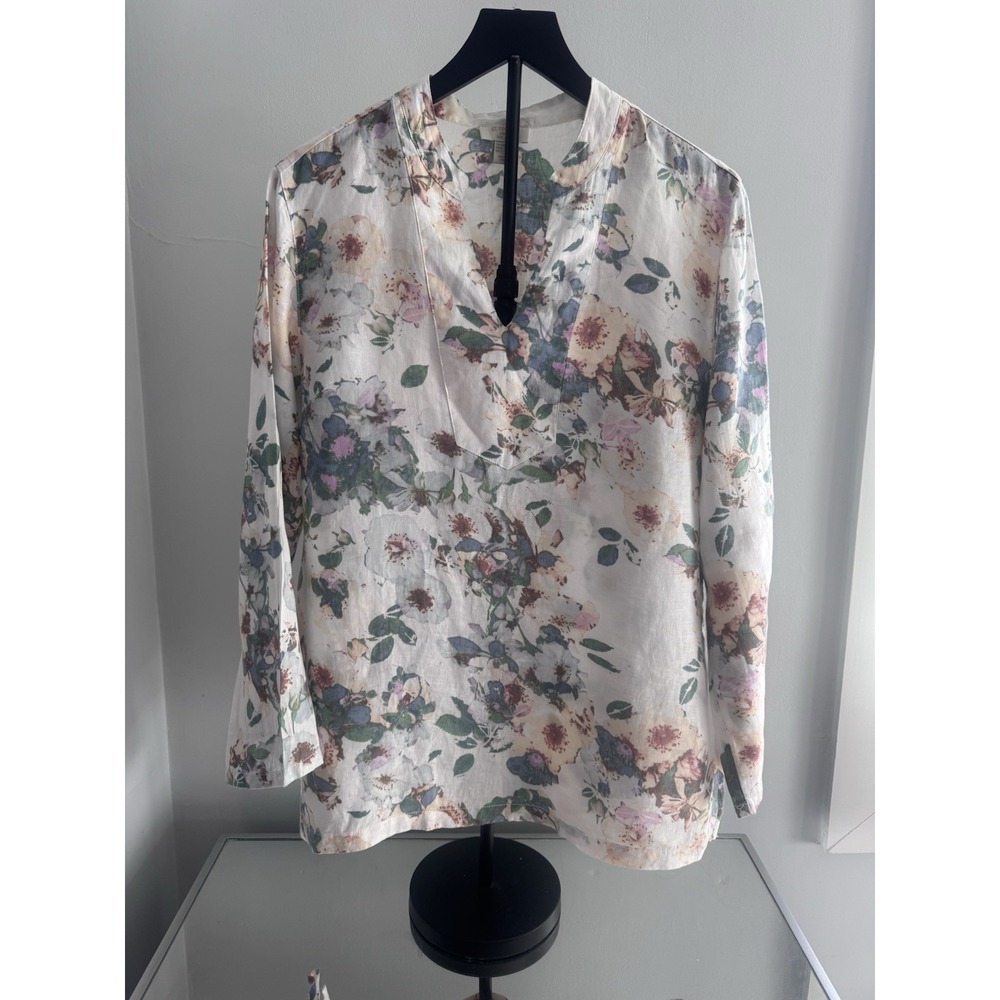 St. Tropez West Floral Linen Tunic Top Women's XL Cottagecore Boho